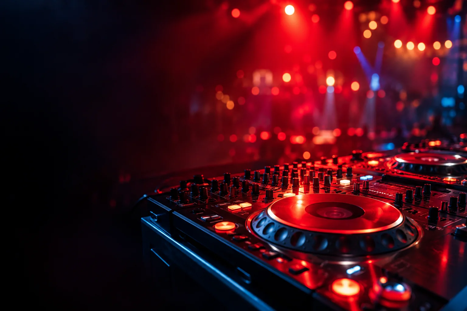 DJ mixing equipment under red and blue lighting